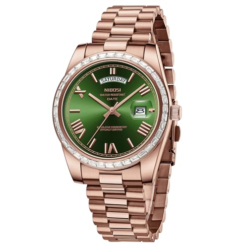 Image of NIBOSI Watches for Men Analog Quartz Diamond Bezel Stainless Steel Dial Rose Gold Silver Mens Watch Waterproof Business Classic Dress Wrist Watch with Day Date