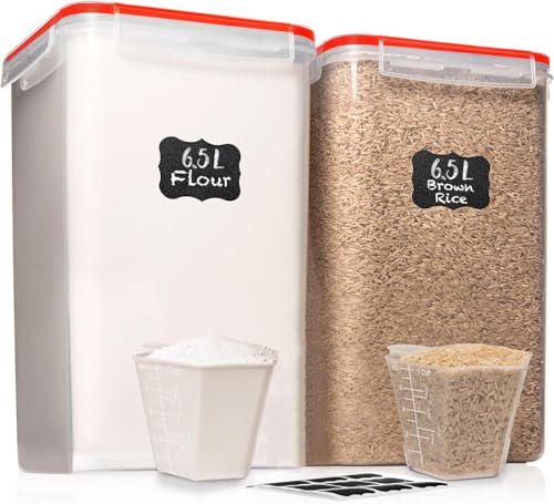 Image of WHITE FEATHER SUPPLIES 2 PC [7 Qt / 6.5L / 220 Oz] Large Food Storage Containers with Lids Airtight - BPA Free Clear Plastic Kitchen and Pantry Storage Containers for Cereal, Flour, Sugar, Rice