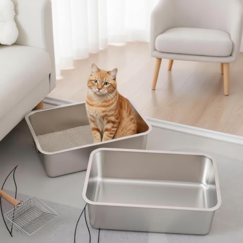 Image of Stainless Steel Feline Pan Easy to Hygienic Feline Feline Pan Rustproof for Pet Owners, Kittens, Home, Living Room 45x35x10cm Thickened