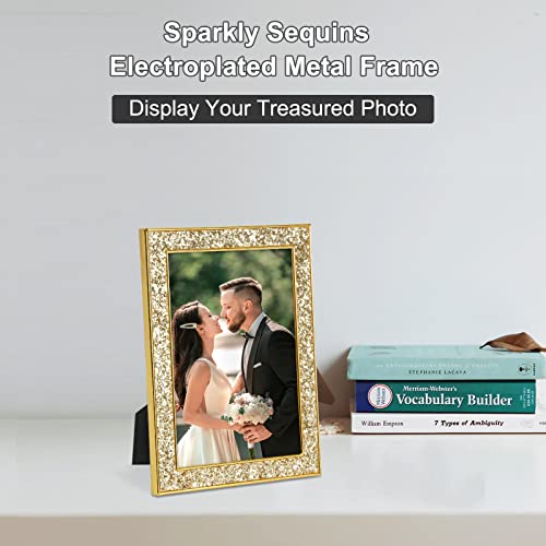 Iziddo 5X7 Picture Frames Set Of 2, Gold Sequins Bling Glitter Photo Frame, Made Of Metal And Real Glass, For Wall Or Tabletop Display (Gold, 5X7 #TOP3