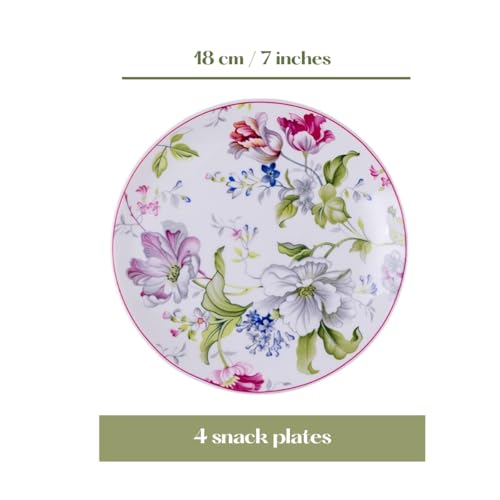 Image of GOLDEN QUEEN'S Snack Plates Set of 4 | Perfect for Snacks, Desserts, Appetizers, Salads, Tapas, Cheese | 7 inches Wide | Microwave Safe (Garden Splendor)