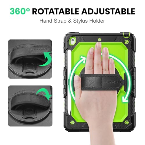 SEYMAC for iPad 9th/8th/7th Generation Case 10.2" 2021-2019, Full-Body Shockproof Heavy Duty Protective Case with Screen Protector, Rotating Stand/Handle/Shoulder Strap for iPad 10.2, Black/Green by SEYMAC stock - Image 3
