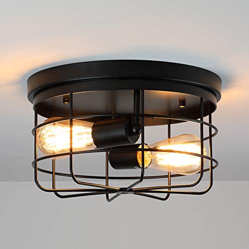 Koonting 2-Light Industrial Metal Cage Ceiling Light, E26 Rustic Semi Flush Mount Pendant Lighting Lamp Fixture Farmhouse Style For Kitchen Garage Foyer Porch Hallway Entryway Bedroom Living Room #TOP2