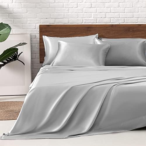 MR&HM Satin Sheets Queen Size with Elastic Corner Straps, Silver Grey