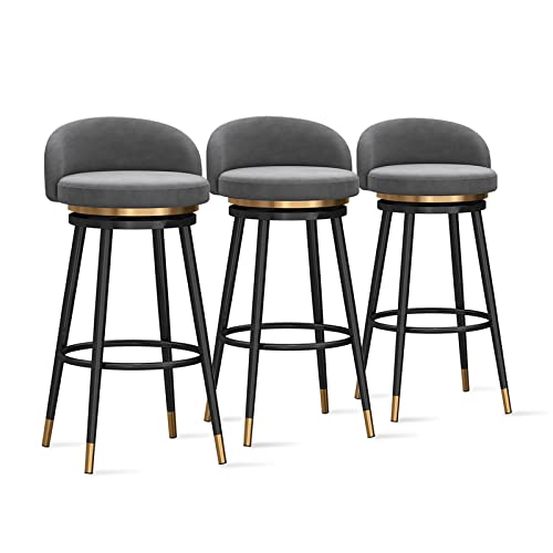 Taburetes de bar modernos de terciopelo, 3 sillas giratorias de 360° con respaldo elegante para encimera de cocina, para isla de desayuno y restaurante, diseño tapizado