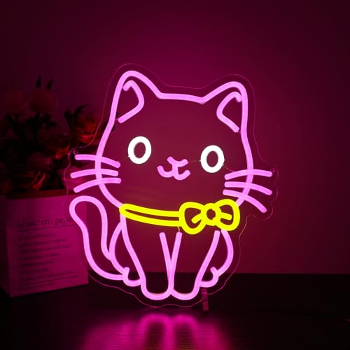 Image of Neon Sign - HSJNJKFU Cat Neon Signs for Wall Decor Pink Led Sign Cute Cat Light Up Signs for Room Birthday Party Home Decor - LED Neon USB Powered