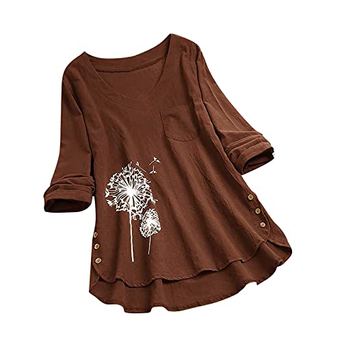 Vimoli Chemisiers Femme Été Élégant Patchwork de Dentelle Tunique Manches 3/4 Chic T-Shirt Col en V Haut Blouses Lâché Grande Taille(WG Marron,XXL)