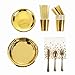 Hasun Naczynia na imprezę, urodziny, dla dziewcząt, złote, na imprezę, jednorazowe, talerze, wesele, papierowe, papierowe kubki, serwetki, słomki koktajlowe, słomki do koktajli, słomki dla 24 gości (złote)