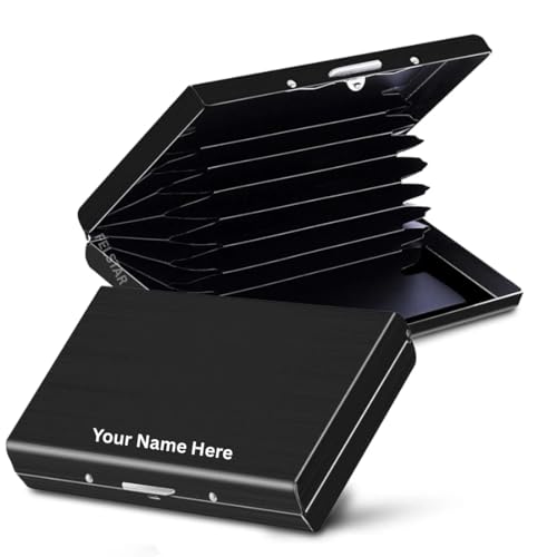 Image of FELSTAR Customized /Personalized Name Engraved RFID Blocking Metal Smart Credit /Debit ATM Card Holder Wallet 6 Slot Holds 10-12 Cards for Men and Women (Black)