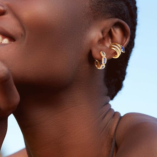 OSIANA Hoop Earrings for Women, 14K Gold Plated Royal Blue Marquise Cut Double Row Beaded Border Cubic Zirconia Sparkling Handmade Jewelry4