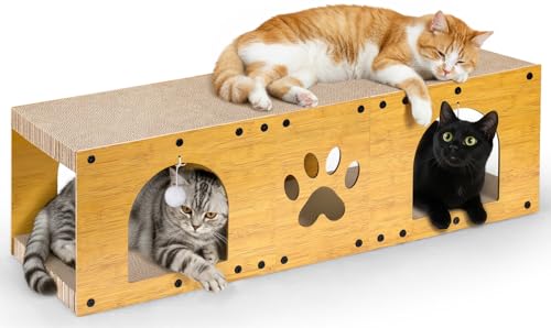 Gimars 100x30x30 cm Kratzbrett Katzen mit Spielball,Tunnel, Kratzpappe für Katzen groß XXL Katzenhaus Pappe, Kratzmöbel als Möbelschutz Indoor
