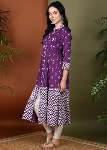 Image of Yash Gallery Women's Cotton Relaxed Fit A Line Rayon & Cambric Zig-Zag Printed A-Line Kurta