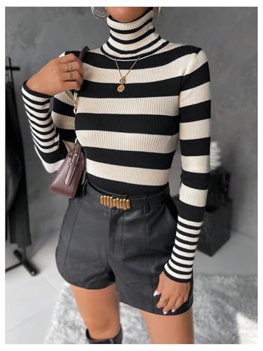 Floerns Women's Striped Print Long Sleeve Sweater Turtleneck Rib Knit Pullover Tops3