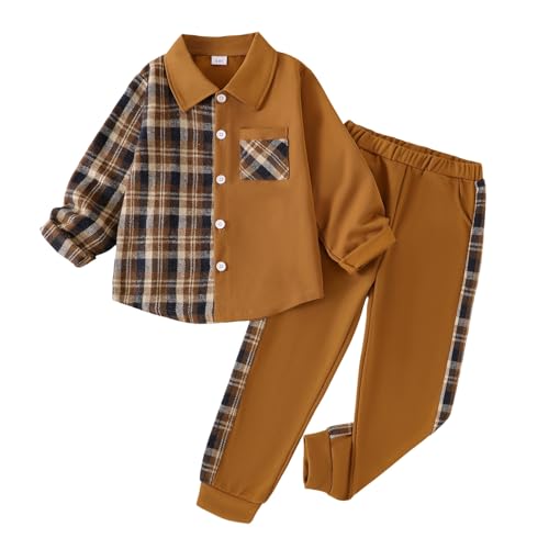 Image of Boy Clothes Fall Winter Outfits Long Sleeve Plaid Patchwork Button Down Shirt + Casual Pocket Sweatpants 5-14 Years