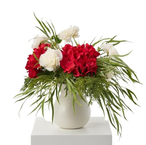 Vibrant Red Hydrangeas, Delicate Mini White Peonies, Graceful Weeping Willow