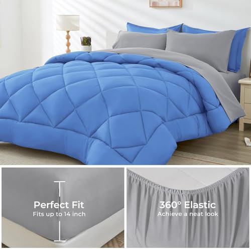 HEVUMYI Royal Blue & Light Grey Full Comforter Set - 7-Piece All Season Bed in a Bag Full, Ultra Soft Bedding Set with Comforter, Flat Sheet, Fitted Sheet, Pillowcases, Pillow Shams, Royal Blue