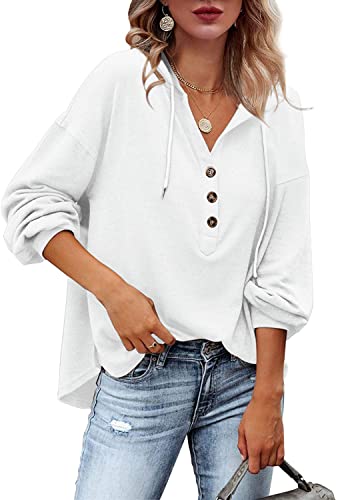 REVETRO Womens Long Sleeve V Neck Hoodies Henley Shirts Button Down Sweatshirts Knit Tunic Tops withÂ Drawstring White Small