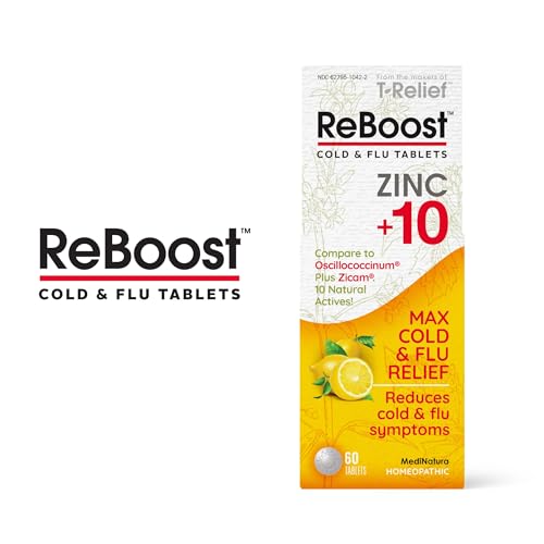 MediNatura ReBoost Cold & Flu Tablets Zinc +10 – Multi-Symptom Relief for Body Aches, Headache, Cough, Runny Nose, Mucus, Chest & Sinus Congestion – Non-Drowsy – Lemon Flavor – 60 Count