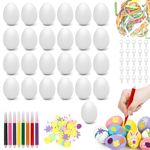 GWEOR 25 Œufs en Plastique à Peindre pour Pâques avec Corde et Pinceau, Kit DIY Décoration et Cadeau de Pâques