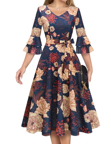 Image of DRESSTELLS Women's Cocktail Dress Summer Wedding Guest Party Vintage 3 /4 Bell Sleeve V Neck A-Line Dress