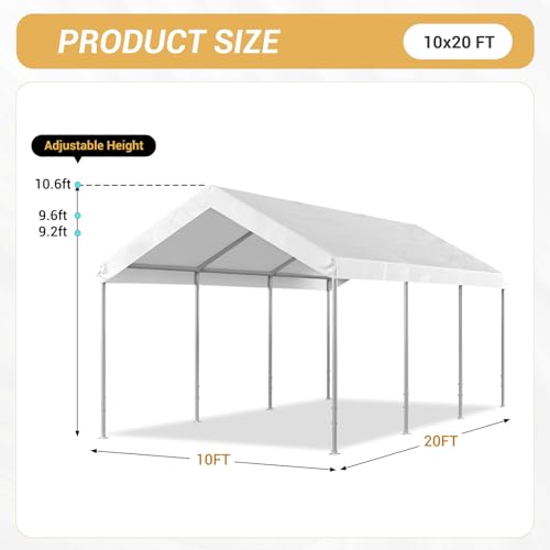 Image of Aoxun 10x20 ft Heavy Duty Carport, Adjustable Height Portable Garage, White