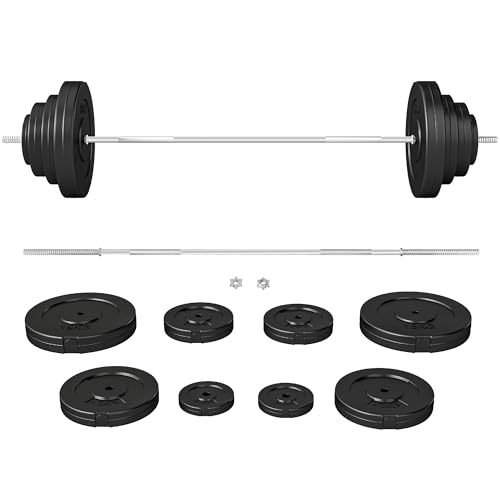HOMCOM Barra de Pesas 70 kg con Mancuernas Set de Pesas Ajustables con 8 Discos 1,5kg 5kg 10kg 15kg y 1 Barra Juego de Mancuernas para Entrenamiento de Fuerza en Hogar Gimnasio 170x40,5x40,5 cm Negro