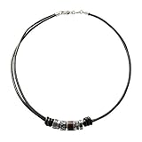 Schwarzes Ledercollier mit Edelstahl und Holz-Effekt Elementen - Karabinerverschluss