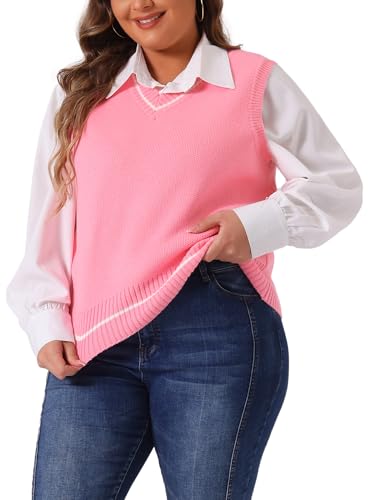 Image of Agnes Orinda Plus Size Sweater Vest for Women V Neck Stripe Cable Knit Sleeveless Pullover Sweater Vest