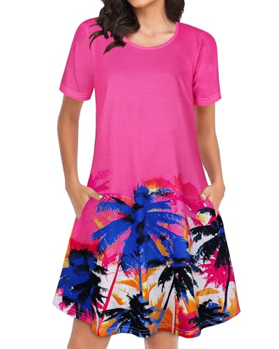 Image of Womens Summer Dresses Beach Casual Loose Tshirt Floral Short Sleeve Flowy Pockets Sundresses 2026