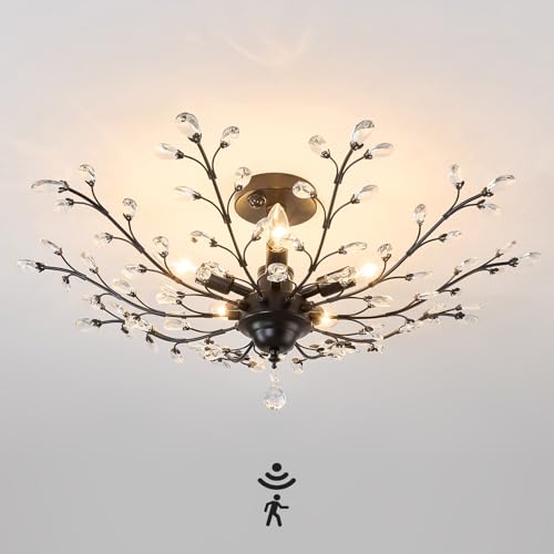 CVKASH Motion Sensor Crystal Chandelier Modern Black Semi Flush Mount Ceiling Light Fixture Vintage Small Chandelier Lighting for Kitchen Bedroom Living Room Dining Room Hallway Foyer