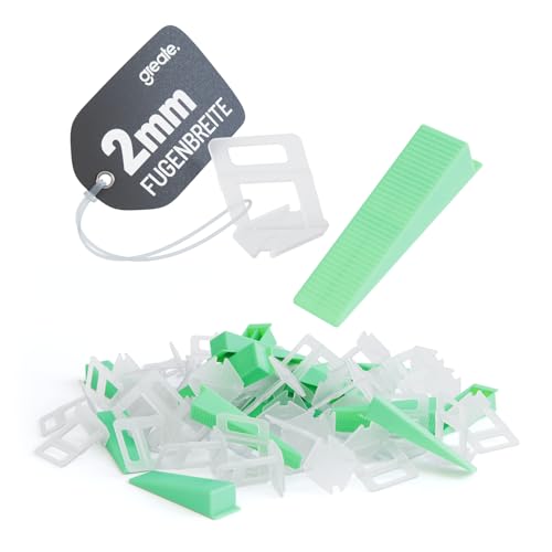 greate Sistema de niveladores de azulejos de 1100 Piezas 2mm - Ayuda para Colocación de Azulejos con 1000 Lengüetas y 100 Cuñas para azulejo - cuñas niveladoras suelo, cuñas para alicatado