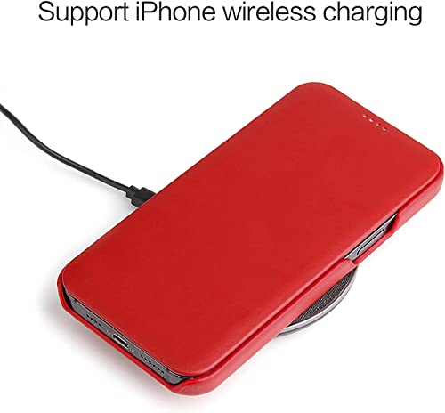 Étui en cuir véritable pour iPhone 14 Pro avec rabat aimanté élégant rouge chic