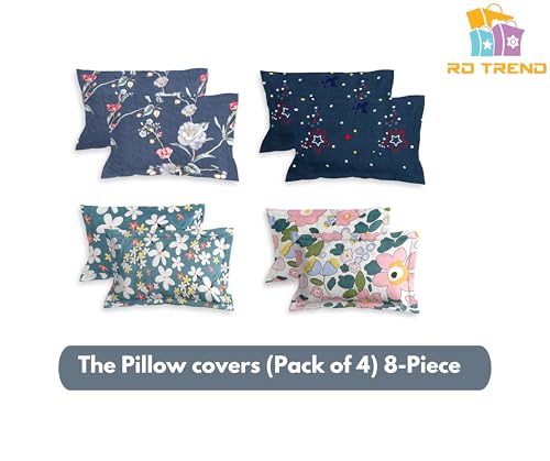 Image of RD TREND 𝐏𝐢𝐥𝐥𝐨𝐰 𝐂𝐨𝐯𝐞𝐫 𝐒𝐞𝐭 𝐨𝐟 𝟒 | 210 TC Glace Cotton | Soft & Breathable | Floral Printed Design | Standard Size 18x28 Inches | Assorted Navy Blue, Teal & Pink | 8 Pcs