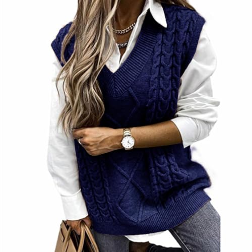 Image of Women's Sweater Vest,Long Cable Loose Knitted Sleeveless V Neck Casual Sweaters Tank Top S~XL
