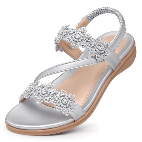 TEMOFON Sandals for Women Flat Dressy Summer Open Toe Sandals Woman Comfortable Walking Casual Beach Shoes Silver Size 8.5