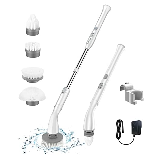 LABIGO Electric Spin Scrubber LA1 Pro, Cordless Spin Scrubber with 4 Replaceable Brush Heads and Adjustable Extension Handle, Power Cleaning Brush for Bathroom Floor Tile (White)