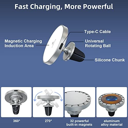 Magnetic Wireless Car Mount Charger - for iPhone 14/13/12 Series, SINDOX Alloy Mag Lock Wireless Car Vent Charger, 360° Adjustable Magnetic Auto Clamping Vent Mount Fast Charging with Magnet