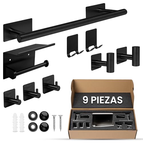 ORZAC®️ Accesorios Baño Sin Taladro - Set de 9 Piezas con Toalleros de Baño Sin Taladro, Colgadores Adhesivos Resistentes y Ganchos Adhesivos para Pared (NEGRO)
