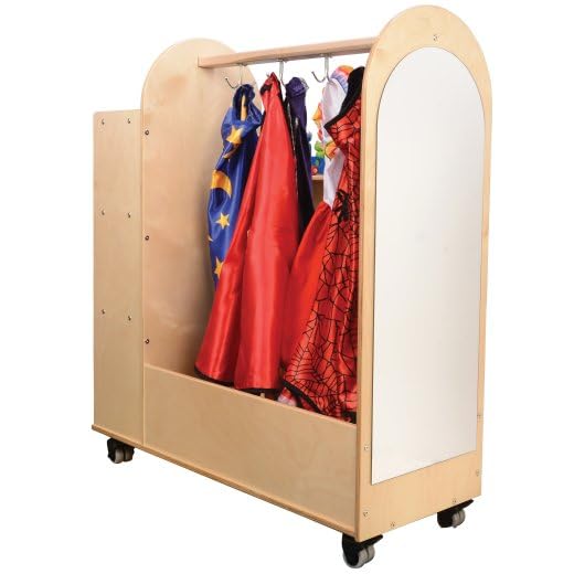 Constructive Playthings Rolling Mobile Wooden Dress-Up Cart for Children with Mirror and Hooks, Durable Classroom Furniture for Schools, Daycares & Learning Spaces