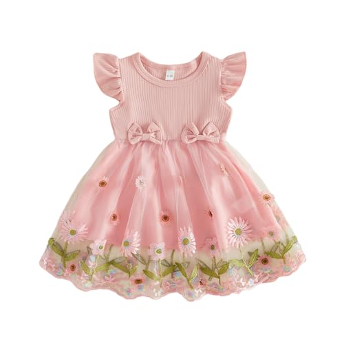 Caziffer Toddler Baby Girl Summer Tullle Dress Short Ruffle Sleeve Ribbed Top Floral Tutu Layered Casual Princess Dress with Bow 6M-3Y (Pink Flower, 12-18 Months)
