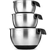 FineDine Stainless Steel Mixing Bowls - (Set of 3) Nesting Bowls, 18/8 Stainless Steel Kitchen Prep & Serving Bowls, With Rubber Grip Handle, Easy Pour Spout and Non Skid Bottom & Measurement Markings