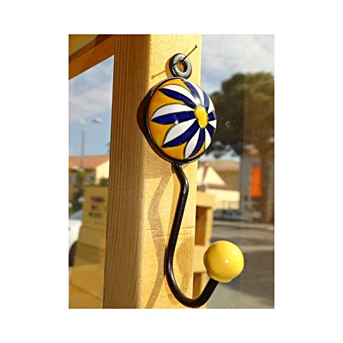 int. d'ailleurs - patère porte manteau ronde en céramique orange avec fleur bleue outremer - PAT288 Cover