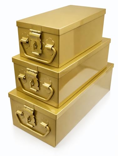 Image of JOWEL Stainless Steel Locker Safe Box /Jewel /Cash Peti /Storage Container Set (8 inch, 10 inch, 12 inch, Pack of 3, Color-coated) (Gold)
