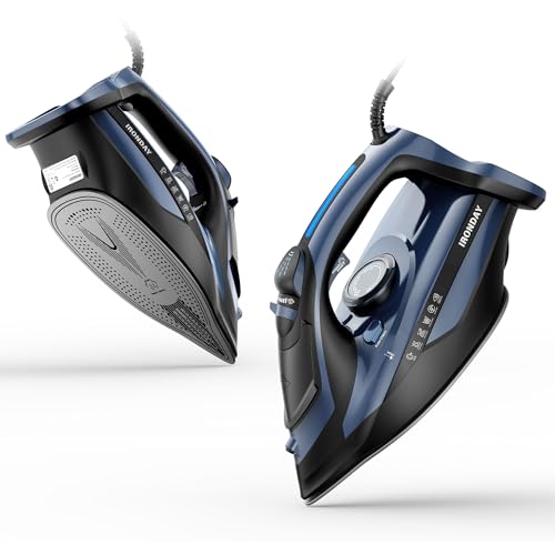 IRONDAY Steam Iron for Clothes 20s Fast Heating, 1700W Iron with 15.21oz Large Water Tank, 3-Way Auto shutoff, Burst Steam, Spray Mist, Anti-Drip, Self-Cleaning, Vertical Ironing for Home