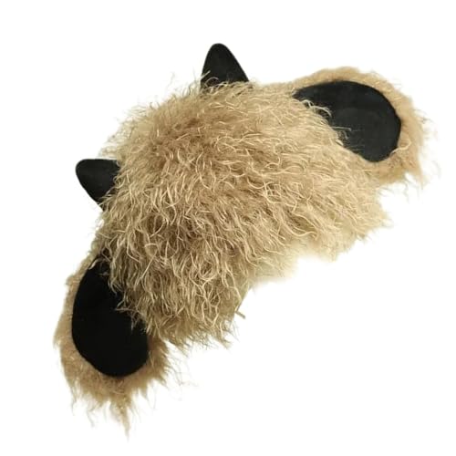 Furry Cartoon Head Covering with Horn for Outdoor Sports Furry Hat with Ear Oversized Headgear Hat for Winter Khaki