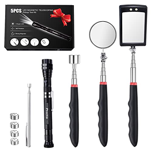5PCS Magnetic Telescoping Pickup Tool Set – 15lb & 1lb Pick Up Rods, Round & Square 360° Swivel Mirrors with LED, Flexible LED Flashlight with Magnetic Tip, Ideal for Auto, HVAC, Great Gift for Men
