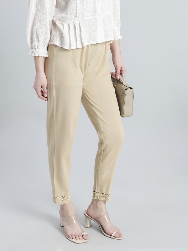 Image of GO COLORS Soft Cotton Lace Pencil Pant Full Length for Women| Mid-Rise, Breathable