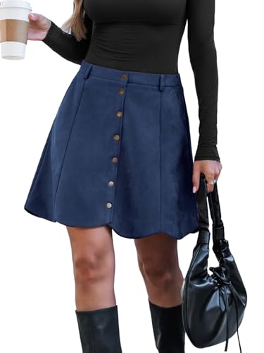 CUPSHE Women Mini Skirt Faux Suede High Waist A-Line Button Front Shorts Casual Vacation Skirts Navy Blue L