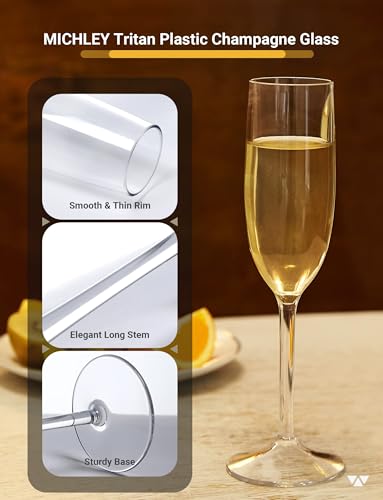 MICHLEY Tritan Champagne Flutes Glassware 6 oz, Set of 4 Unbreakable Plastic Wine Glasses, Crystal Clear, Dishwasher-safe - Thumbnail 4