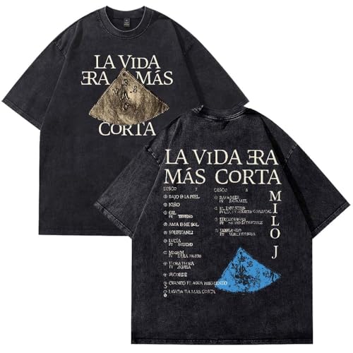 Milo J La Vida Era Mas Corta Merch Camiseta - Camiseta de algodón lavado unisex de manga corta casual con cuello redondo, Negro, L